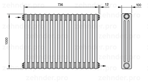 Схема (чертеж) Радиатор Zehnder Charleston 3100/16 №1670 Белый глянцевый RAL 9016